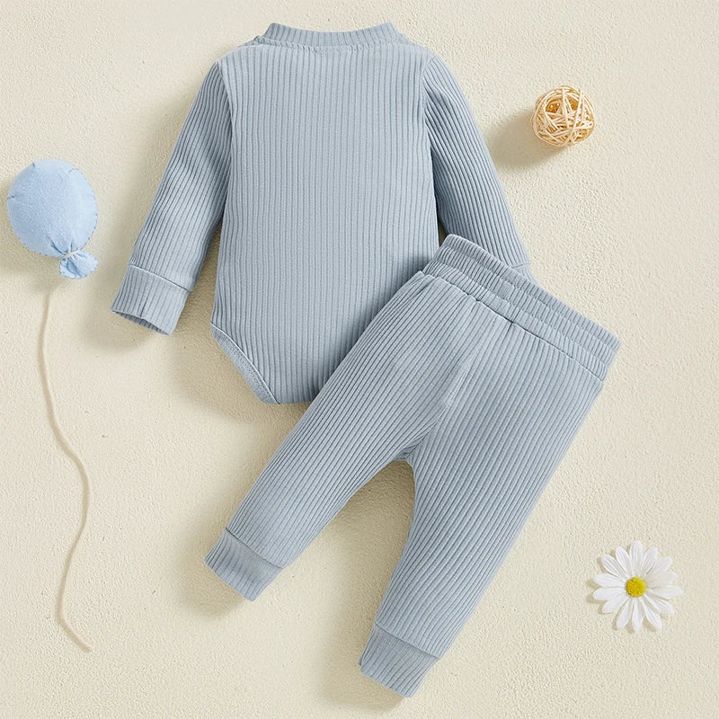 Baby Toddler Girl Boy 2Pcs Autumn Ribbed Clothes Sets Long Sleeve Bodysuits + Elastic Pants 2PCs Outfit