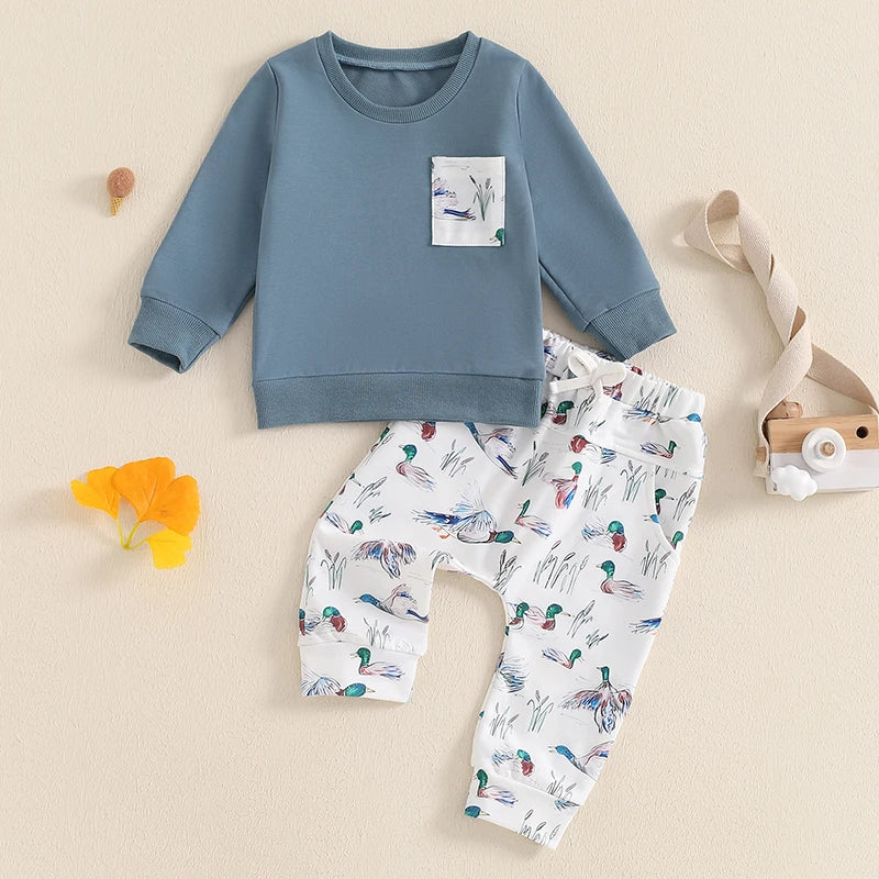 Baby Toddler Boys 2Pcs Outfit Round Neck Long Sleeve Top with Pocket and Wild Duck Bird Print Long Pants Jogger Set