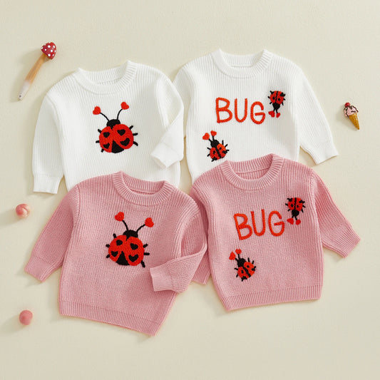 Baby Toddler Girls Autumn Knit Sweater Long Sleeve O Neck Ladybug Embroidery Pullover Knitwear Top