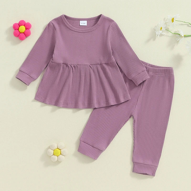 Toddler Kids Girls 2Pcs Fall Outfit Solid Color Ribbed Long Sleeve Babygirl Shirt and Elastic Pants Set