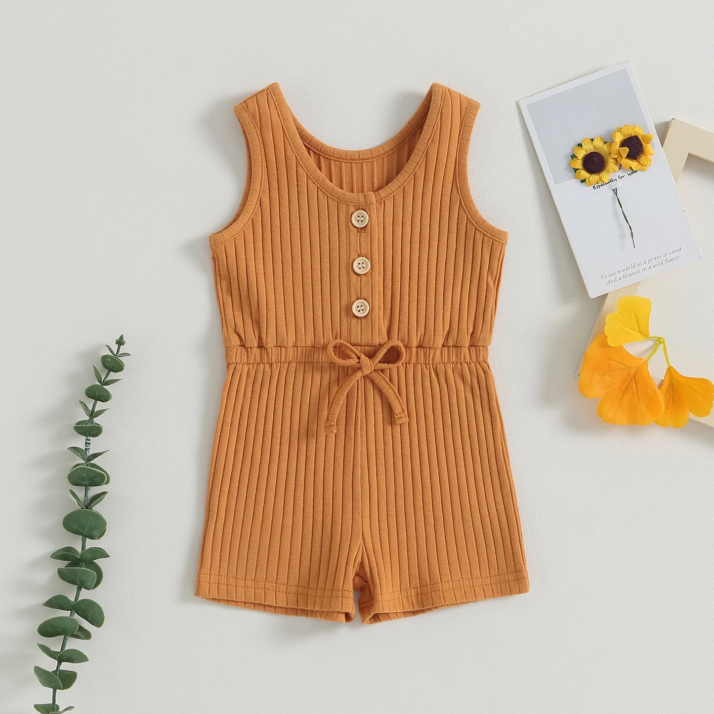 Baby Toddler Girls Ribbed Solid Color Tank Top Jumpsuit Button Down Romper