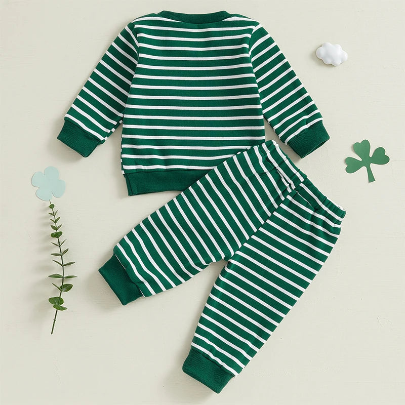 Baby Toddler Boys 2Pcs St. Patrick's Day Outfit Clover Embroidered Striped Long Sleeve Crewneck Top Joggers Pants Set