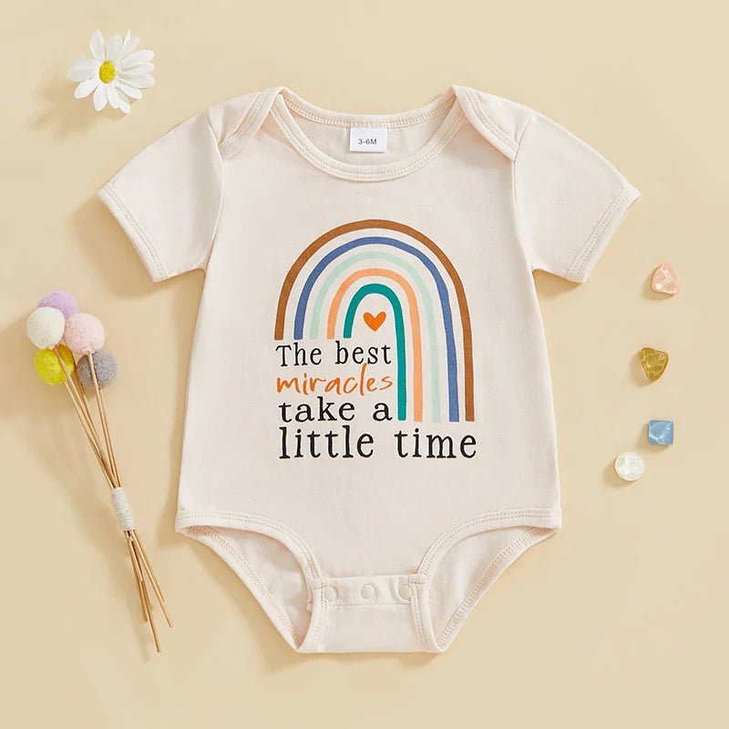 Baby Boys Girls After Every Storm Comes A Rainbow / The Best Miracles Take A Little Time Cotton Bodysuit Classic Short Sleeve Round Neck Rainbow Print Playsuit Romper Bodysuit