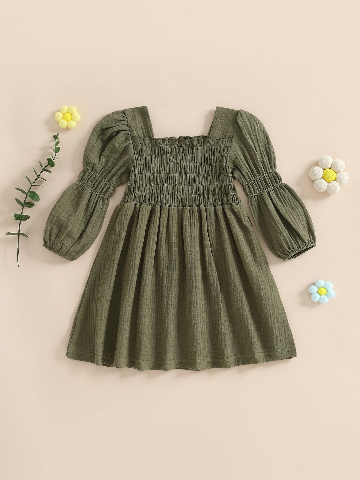 Baby Toddler Girl Bubble Sleeve Dress Stylish Solid Smocked Square Neck Long Sleeve A Line Dress