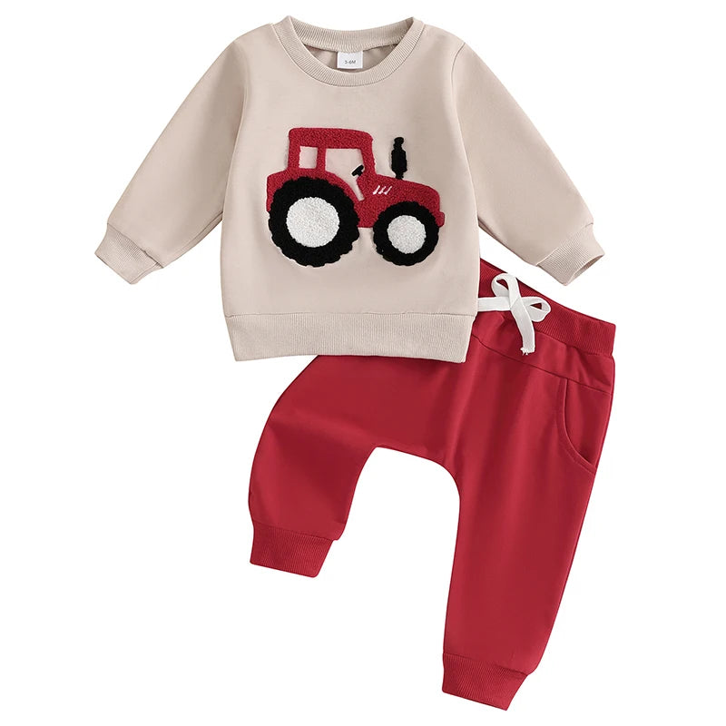 Baby Toddler Boys 2Pcs OutfitTractor Embroidery Long Sleeve Crewneck Top with Solid Long Pants Jogger Set