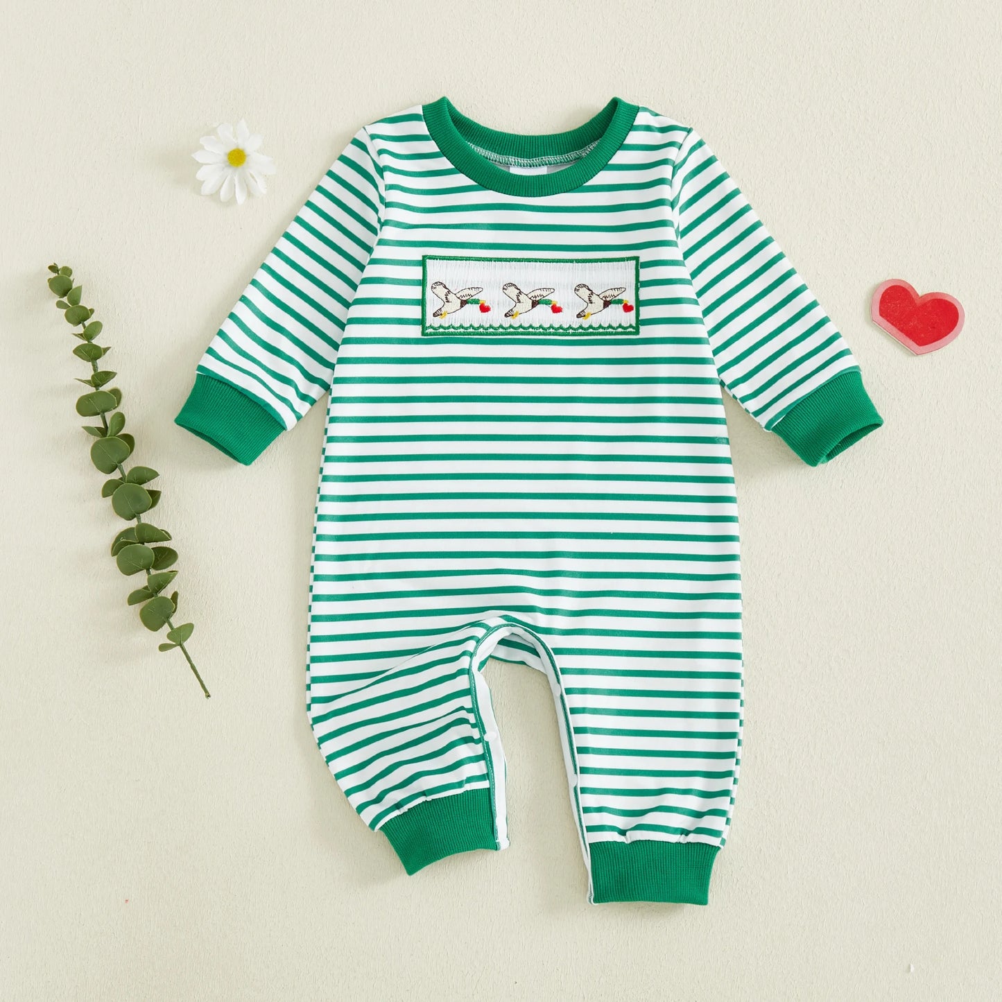 Baby Boys Striped Jumpsuit Long Sleeve Crewneck Heart Tarctor Embroidery Loose Fit Romper