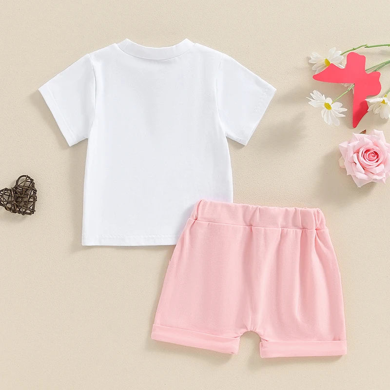 Baby Toddler Girls 2Pcs Mama's / Daddy's Girl Summer Outfit Letter Floral Flowers Checker Print Short Sleeve Top with Solid Color Elastic Waist Shorts Set