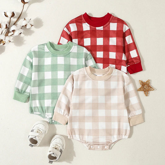 Baby Girls Boys Sweatshirts Rompers Plaid Checker Long Sleeve Toddler Fall Bodysuits Jumpsuits