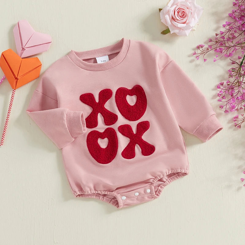 Baby Girls XOXO Bubble Romper Valentine's Day Heart Letters Embroidered Long Sleeve Bodysuit Valentines Jumpsuit