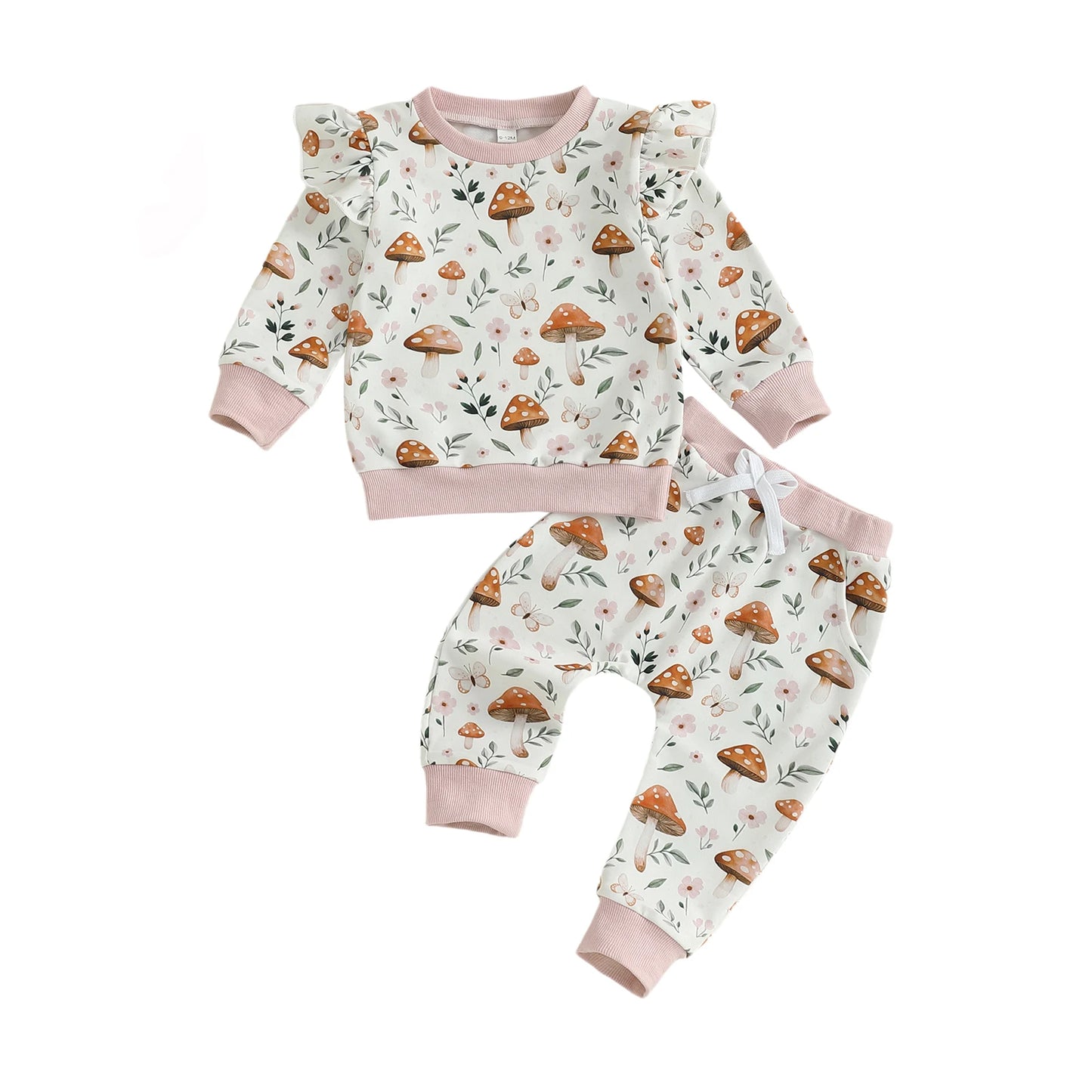 Baby Toddler Girl 2Pcs Fall Outfit Long Sleeve Mushroom Floral Print Top + Pants Jogger Set Clothes