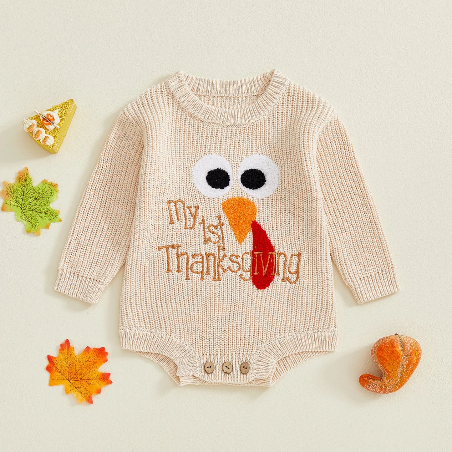 Baby Boys Girls My First Thanksgiving Romper Turkey Embroidery Long Sleeve Crew Neck Knit Bodysuit Romper