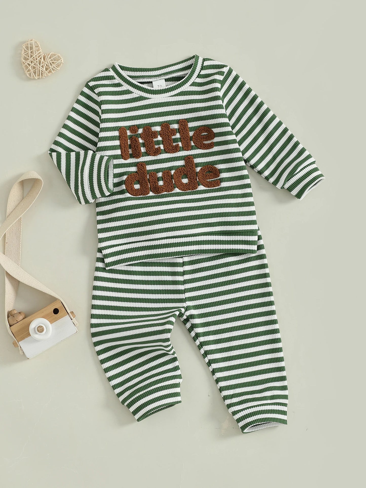 Baby Toddler Boys 2Pcs Mama's Boy / Little Dude Waffle Outfit Letter Embroidery Striped Long Sleeve Top and Elastic Pants Set