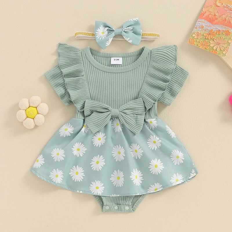 Baby Girl 2Pcs Romper Dress Skirt Daisy Print Short Sleeve Round Neck Jumpsuit Frill Sleeve with Bow Headband