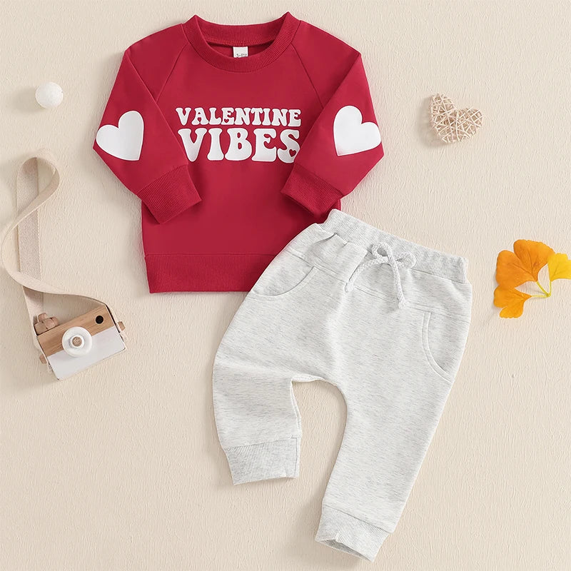 Baby Toddler Boys Girls 2Pcs Valentine Vibes Outfit Letter Print Long Sleeve Crewneck Top with Solid Pants Valentine's Day Jogger Set Valentines