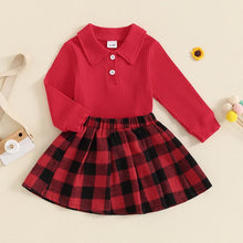 Load image into Gallery viewer, Toddler Kids Girls 2Pcs Long Sleeve Collared Shirt Top with Pleated Mini Plaid Skirt Fall Outfit Set
