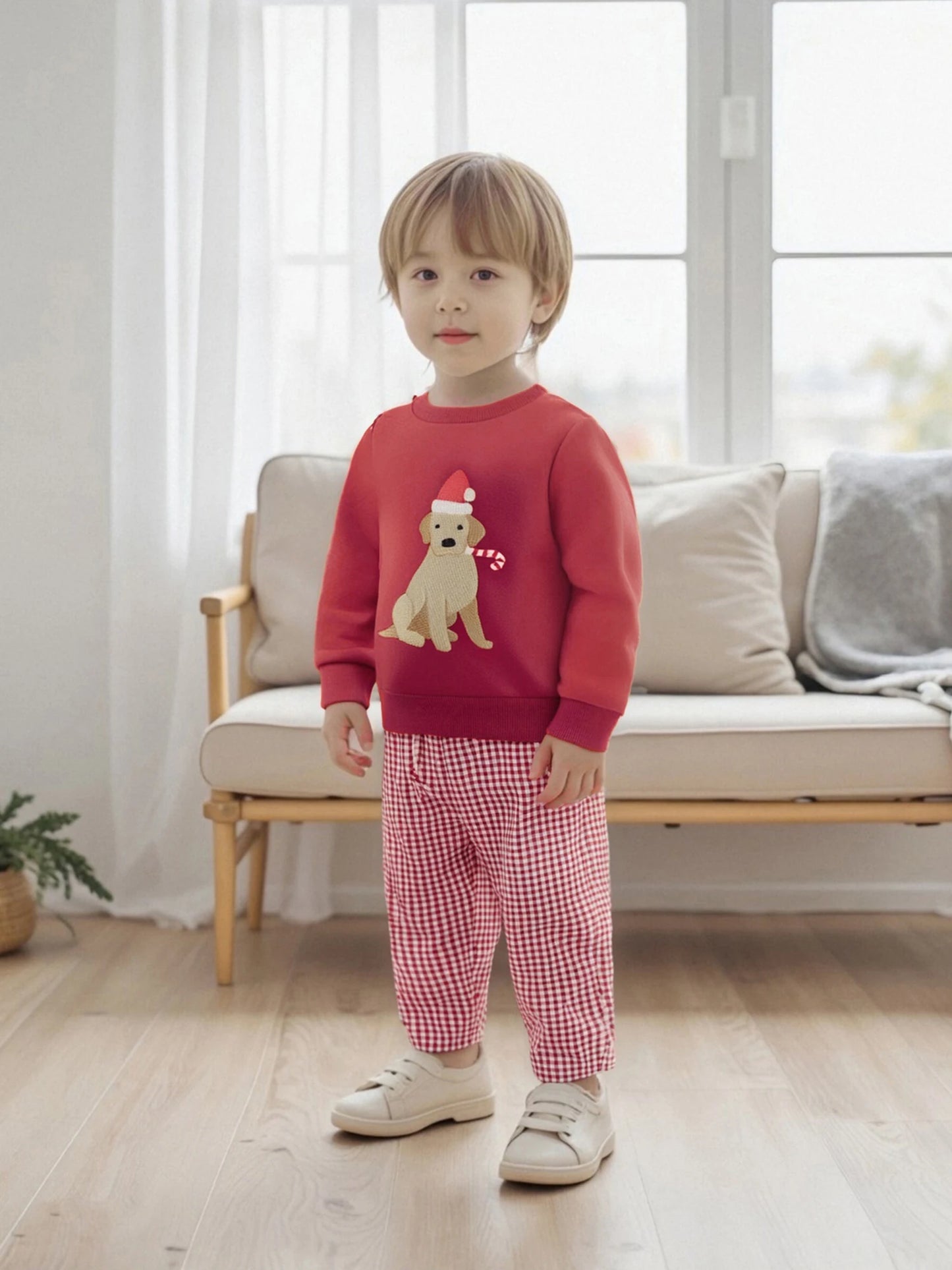 Baby Toddler Girls Boys 2Pcs Christmas Outfit Dog Embroidered Crew Neck Long Sleeve Top and Plaid Pants Set