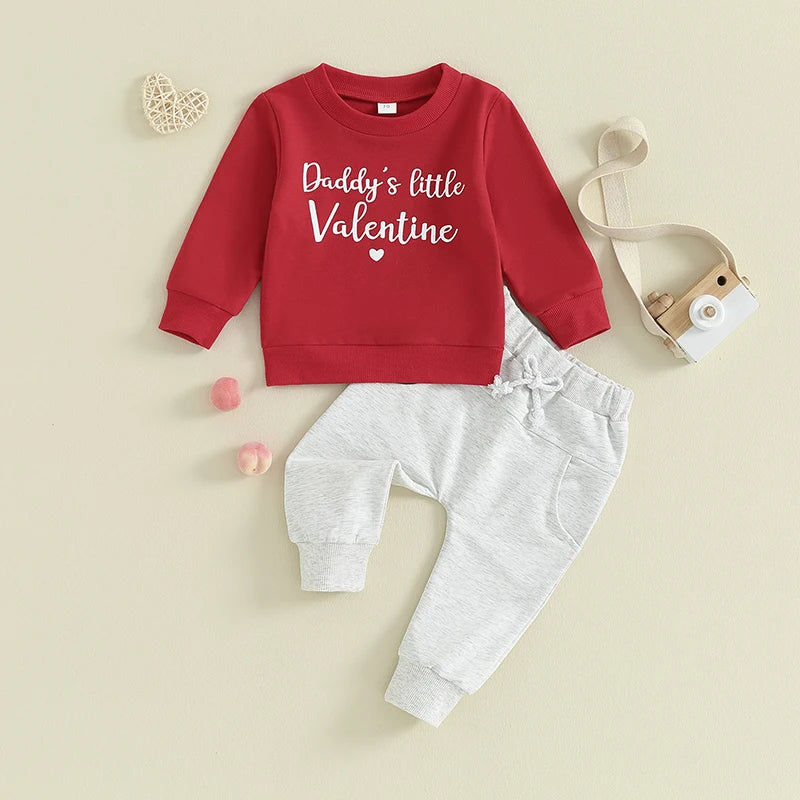 Baby Toddler Boy Girl 2Pcs Valentine's Day Outfits Long Sleeve Shirts Letter Lover Boy / Daddy's Little Valentine Print Top with Jogger Pants Set