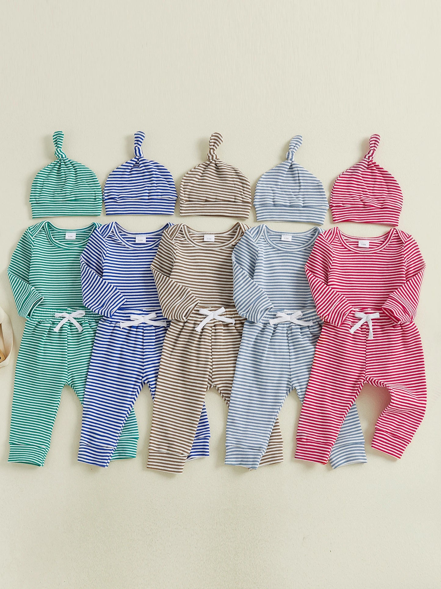 Baby Boys Girls 3Pcs Outfits Striped Crew Neck Long Sleeve Romper Pants and Cap Hat Set