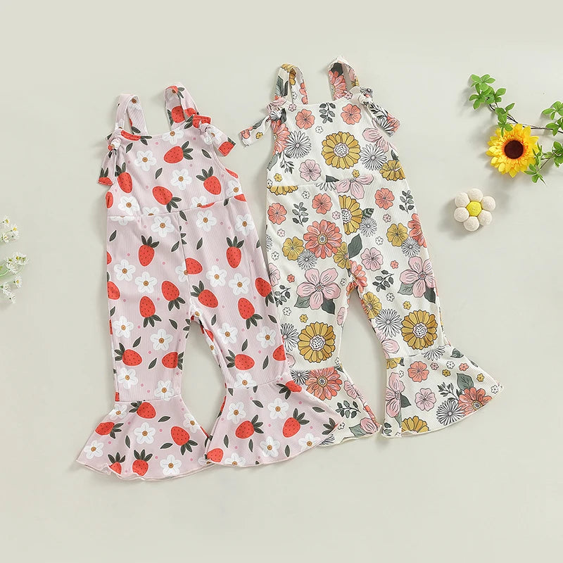 Baby Toddler Girl Summer Romper Casual Knotted Straps Floral Flowers Strawberry Print Sleeveless Flared Pant Jumpsuit