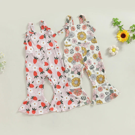 Baby Toddler Girl Summer Romper Casual Knotted Straps Floral Flowers Strawberry Print Sleeveless Flared Pant Jumpsuit