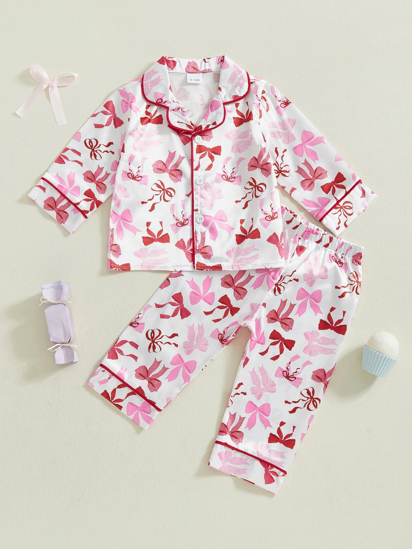 Baby Toddler Girl 2Pcs Pajamas Set Bow Pattern Button Down V Neck Long Sleeve Top and Pants Lounge Wear 2 Pcs PJs Set for Fall Winter
