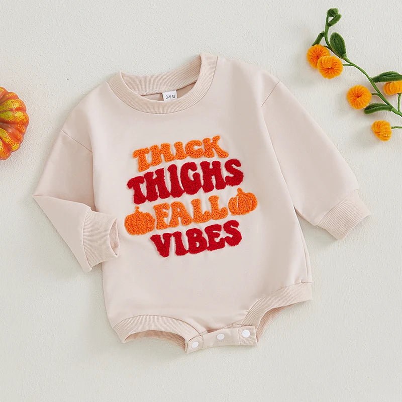 Baby Girl Boys Halloween Romper Thick Thighs Pumpkin Vibes Pumpkin Letter Embroidery Round Neck Long Sleeve