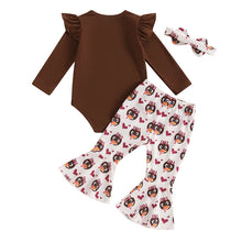 Load image into Gallery viewer, Baby Girl 3Pcs 1st First Thanksgiving Outfit Turkey Print Long Sleeve Romper Flared Pants Headband Set
