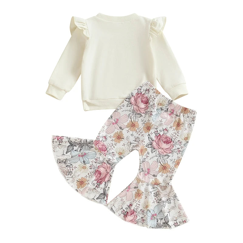 Baby Toddler Girls 2Pcs Outfit Fly Long Sleeve Round Neck Top Floral Flower / Butterfly / Strawberry Print Flared Pants Set