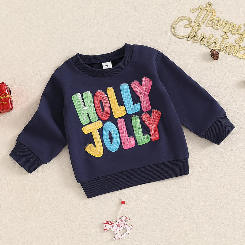 Baby Toddler Kids Boys Girls Holly Jolly Christmas Long Sleeve O Neck Sequins Letter Embroidery Pullover Top