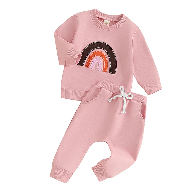 Baby Toddler Girls 2Pcs Outfit Long Sleeve Crew Neck Rainbow Top with Elastic Waist Jogger Pants Set