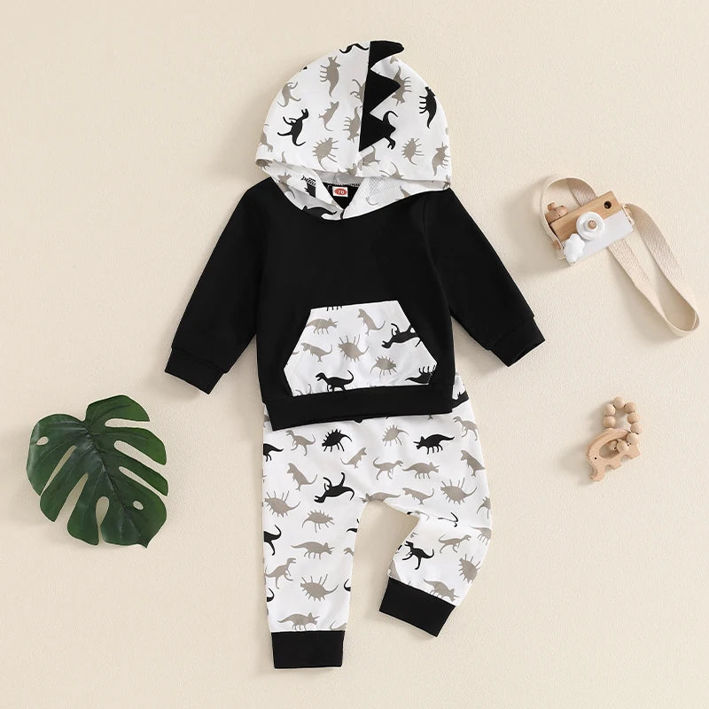 Baby Toddler Boys 2Pcs Fall Clothes Dinosaur Print Long Sleeve Hooded Top  with Elastic Waist Pants Outfit Set