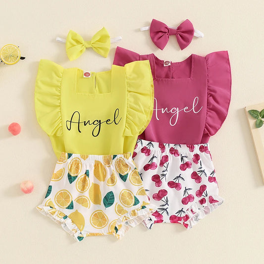 Baby Toddler Girls 3Pcs Angel Summer Outfit Letter Print Ruffles Sleeveless Tank Top with Lemon/Cherry Print Shorts Bloomers and Bow Headband Set