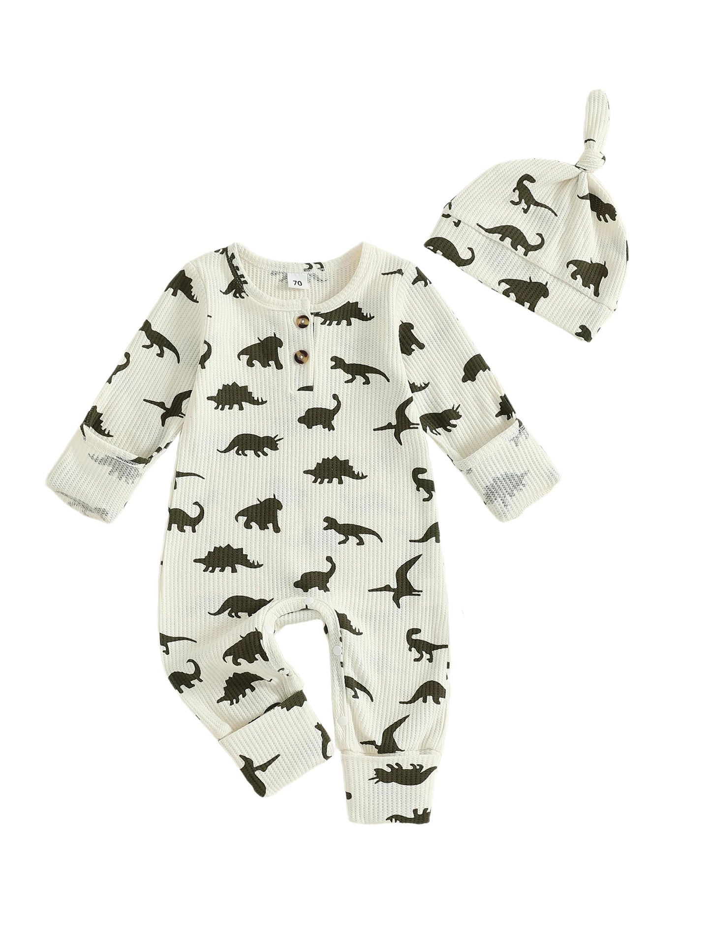 Baby Boys Girls 2Pcs  Jumpsuit Set Long Sleeve Crew Neck Dinosaur Print Fall Casual Romper with Hat