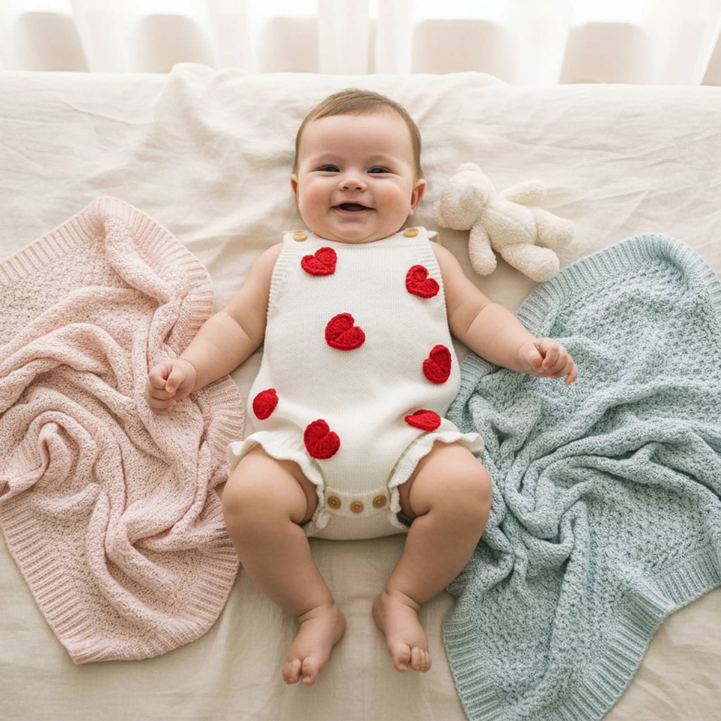 Baby Girl Valentine’s Day Sweater Romper Sleeveless Square Neck Heart Bodysuit Newborn Knit Overalls