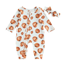 Load image into Gallery viewer, Baby Girl 2 Pcs Long Sleeve Pumpkin Flower Print Jumpsuit Romper Headband Halloween Outfit
