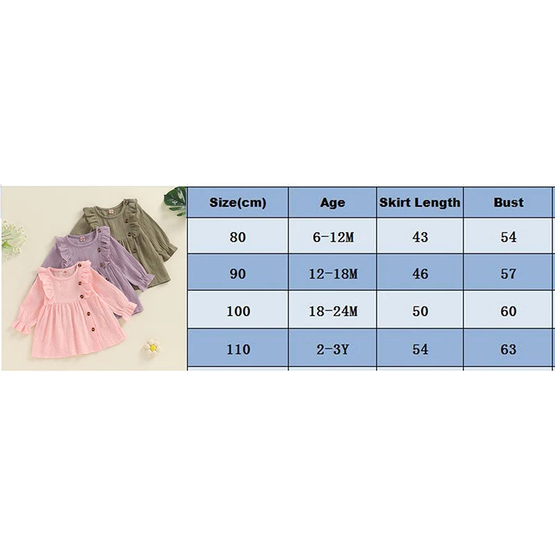 Baby Toddler Girls Autumn A-line Princess Poof Long Sleeve Crewneck Solid Color Button Dress