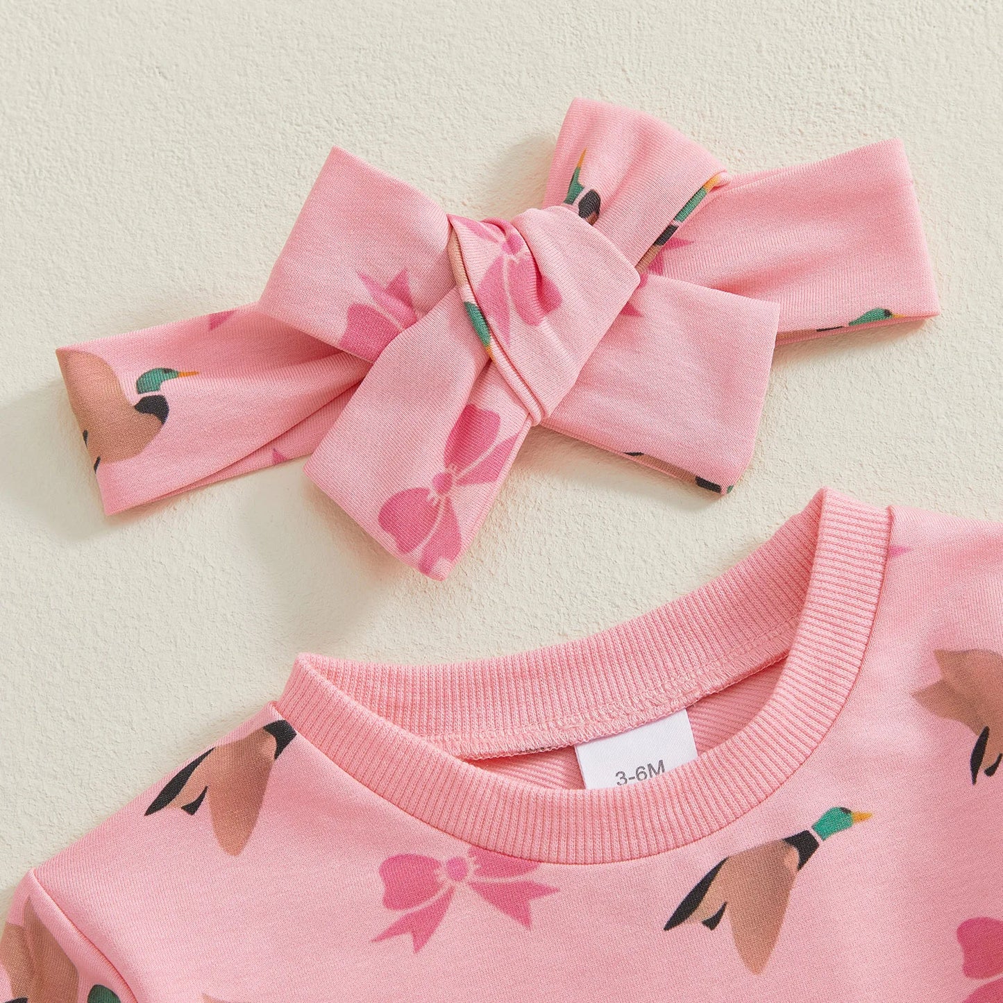 Baby Girls 2Pcs Romper Round Neck Duck and Bow Print Long Sleeve Jumpsuit with Headband Set
