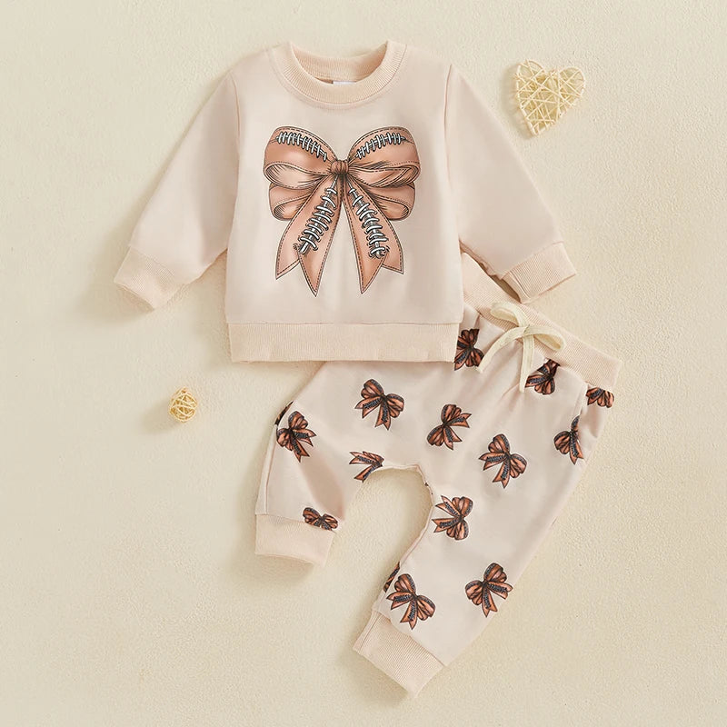 Baby Toddler Girls 2Pcs Fall Outfit Football / Baseball Bow Print Long Sleeve Crewneck Top and Elastic Pants Jogger Set