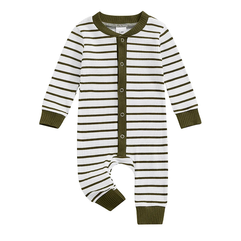 Baby Girl Boy Fall Romper Stripe Print Round Neck Long Sleeve Full Length Jumpsuit