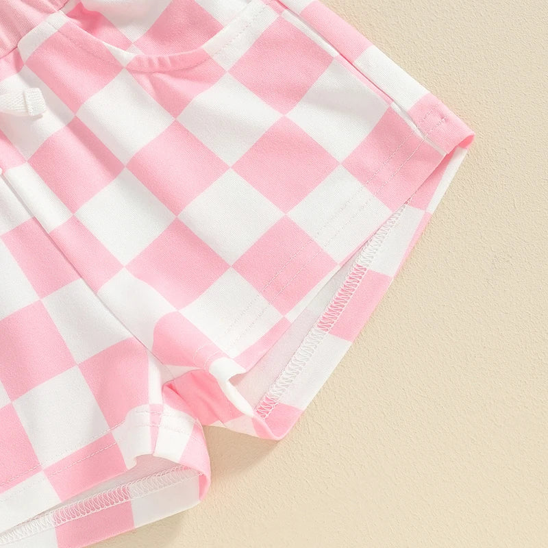 Baby Toddler Girl 2Pcs Shorts Outfit Checkered Print Short Sleeve Pocket Top with Checker Elastic Waist Shorts Set