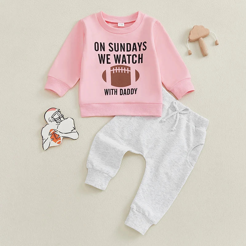 Baby Toddler Boys Girls 2Pcs Fall Outfit On Sundays We Watch Football With Daddy Letter Print Long Sleeve Top Elastic Pants Set