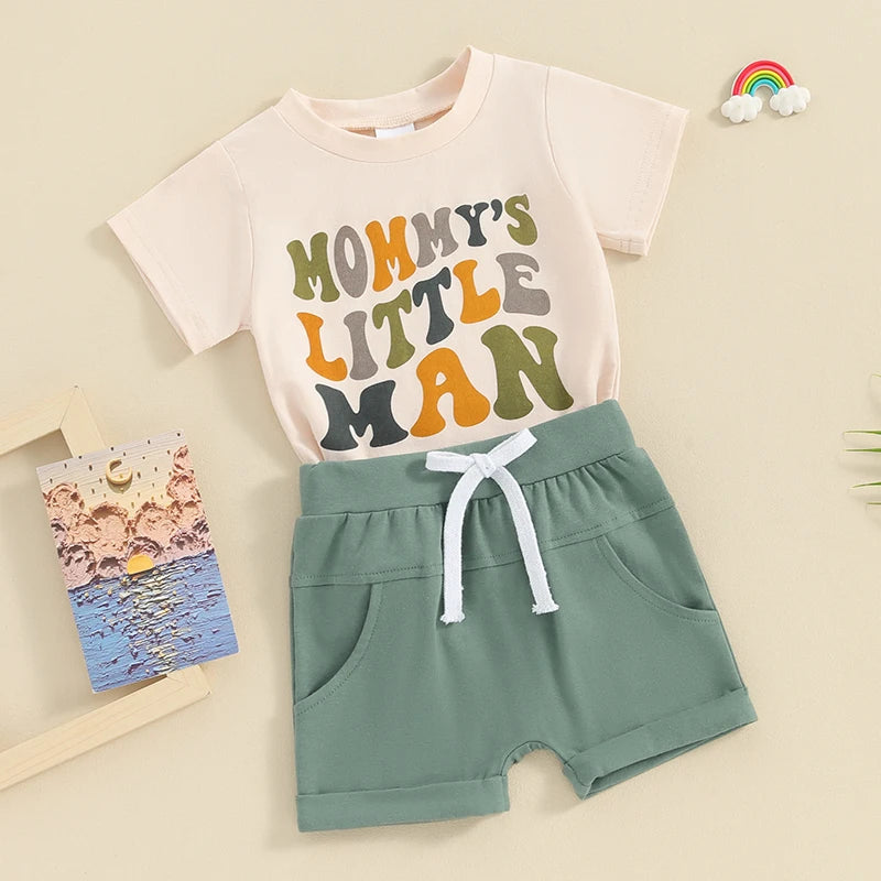 Toddler Baby Boy 2Pcs Mommy's Little Man Letter Print Short Sleeve Top Elastic Shorts Spring Summer Outfit Set