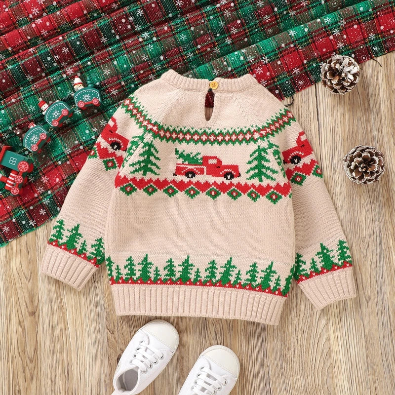 Baby Toddler Boy Girl Christmas Sweater Long Sleeve Round Neck Truck Tree Print Knit Pullover Top