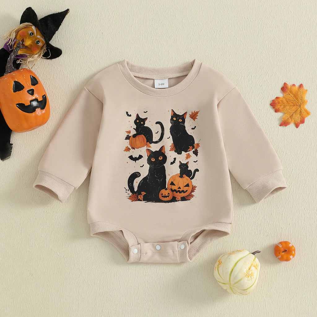 Baby Boys Girls Halloween Bubble Romper Long Sleeve Round Neck Black Cat Ghost Print Romper Fall Playsuit