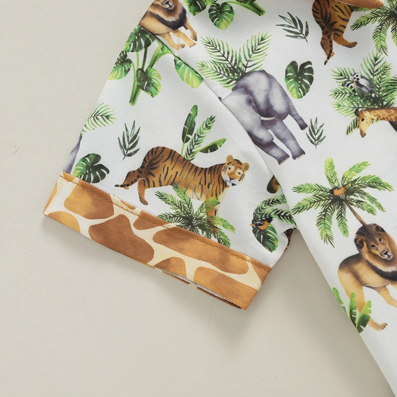 Baby Toddler Boys 2Pcs Summer Outfit Animals Giraffe Elephant Lion Print Turn-Down Collar Short Sleeve Top Shorts Clothes Set