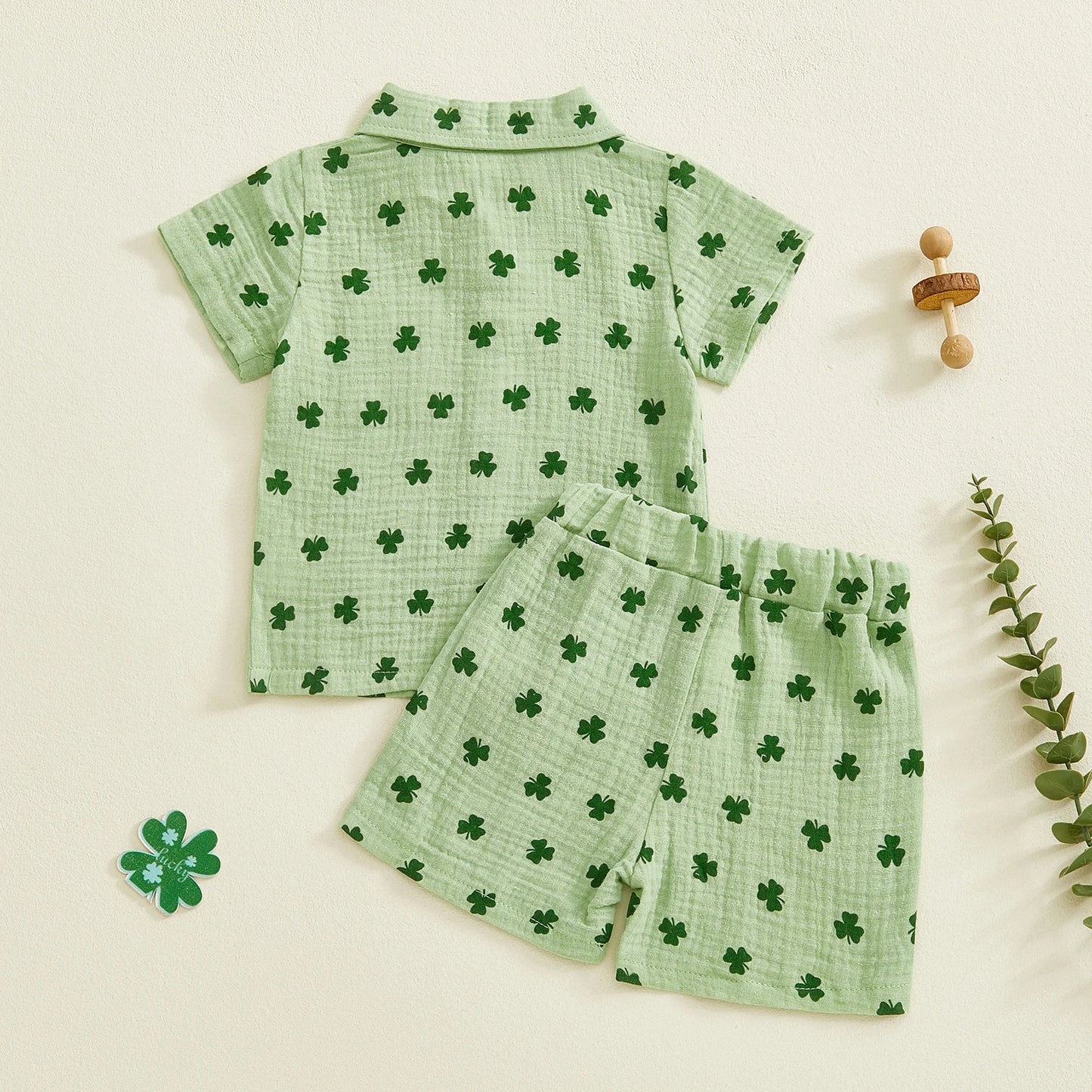 Baby Toddler Boys 2Pcs Spring St. Patrick's Day Set Shamrock Print Short Sleeve Lapel Button Down Shirt Shorts Outfit