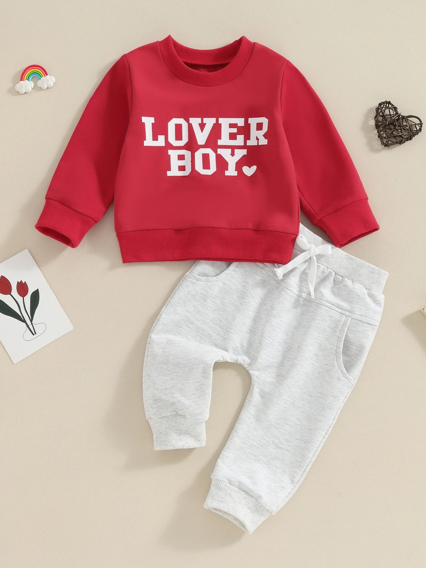 Toddler Baby Kids Boys 2Pcs Valentine's Day Clothes Long Sleeve Pullover Crewneck Lover Boy Top Pants Outfit Set