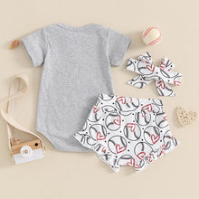 Load image into Gallery viewer, Baby Girls 3Pcs I Love Watching Baseball with Daddy Outfit Short Sleeve Romper + Baseball Shorts + Headband Set Clothes
