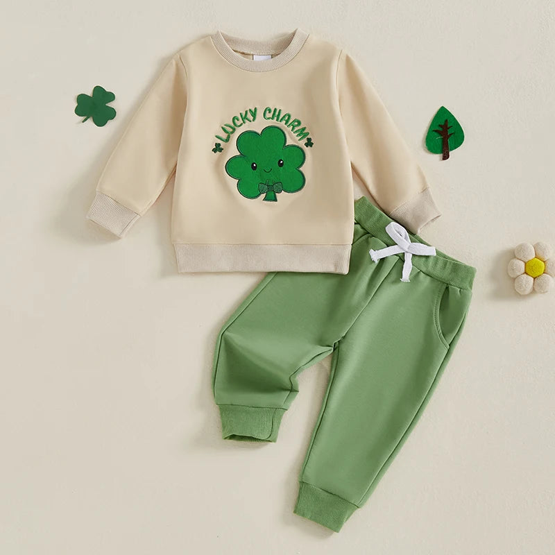 Baby Toddler Boys Girls 2Pcs Spring Outfit Lucky Charm Shamrock Letter Embroidery Long Sleeve Crew Neck Top with Drawstring Pants Jogger Set