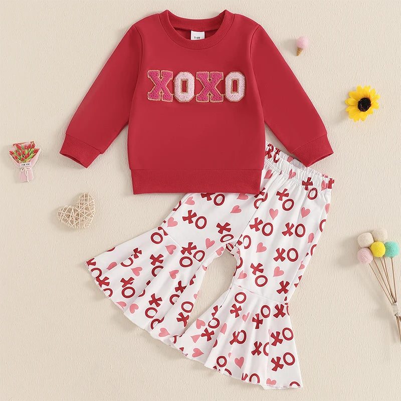 Baby Toddler Girls 2Pcs XOXO Valentine's Day Outfit Letter Embroidery Long Sleeve Crewneck Top with Heart Pattern Flare Pants Valentines Set